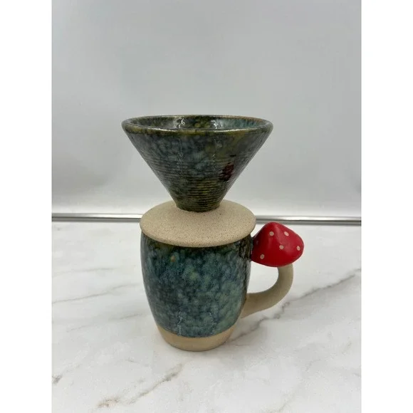 Urban Outfitters UO Home Mushroom Pour Over Coffee Mug Set Teal Green Ceramic